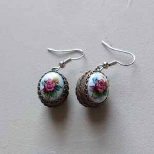 Vintage Floral Drop Earrings with Silver Hooks